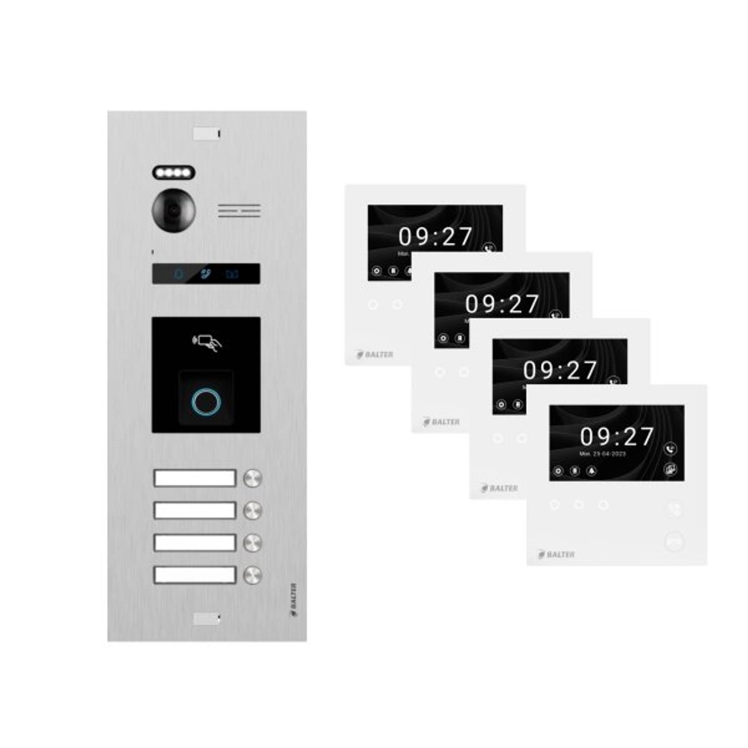 Balter Evo-HD-Mini Video Türsprechanlage mit Fingerprint Komplettset für 4-Familienhaus mit 4x 4,3 Zoll WiFi Monitor Sil...