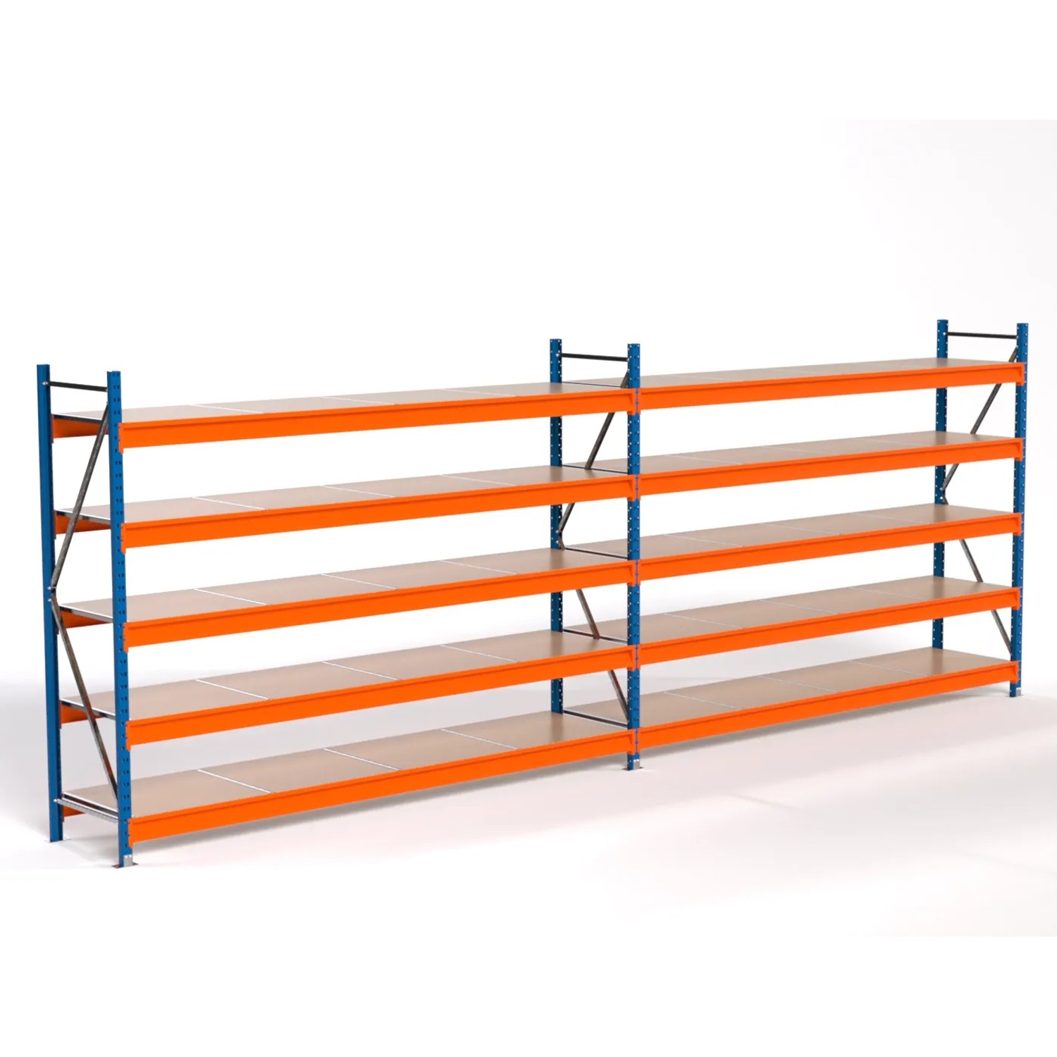 PROREGAL Industrie Weitspannregal Lagerregal MAXIMUS PRO Komplettregal 2 Felder HxBxT 200x550x60cm 5 Spanplatten-Fachboden Fachlast 450kg Blau/Orange