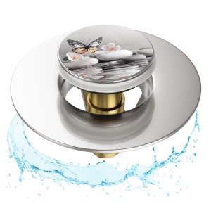 Sanilo Pop Up Waschbeckenstöpsel Vanesa mit Schmetterlingsmotiv und Wasser.