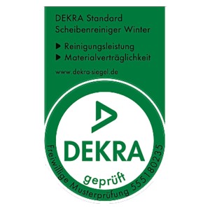 DEKRA Siegel für Klax Scheibenfrostschutz Winter: Reinigungsleistung und Materialverträglichkeit geprüft.