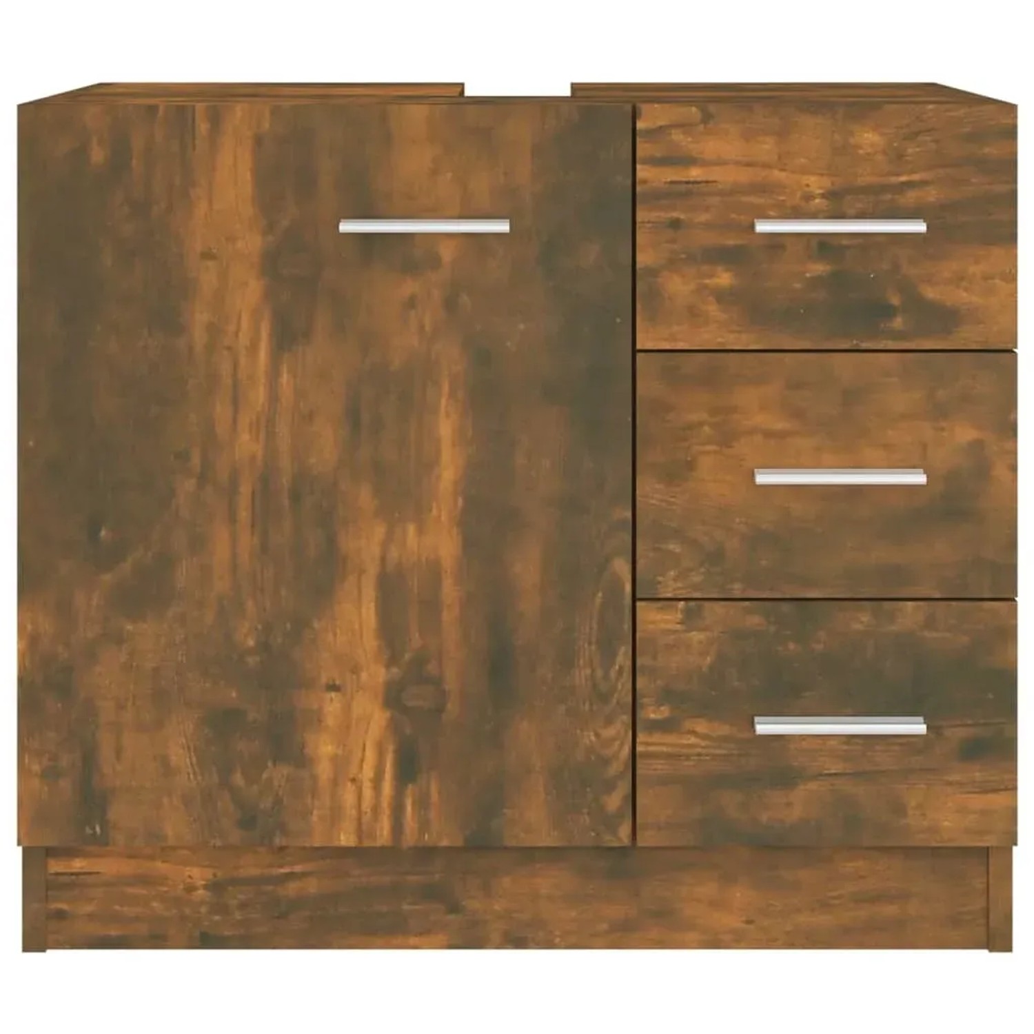 Waschbeckenschrank in Räuchereiche Optik mit einer Tür und drei Schubladen. Badmöbel aus Holzwerkstoff.
