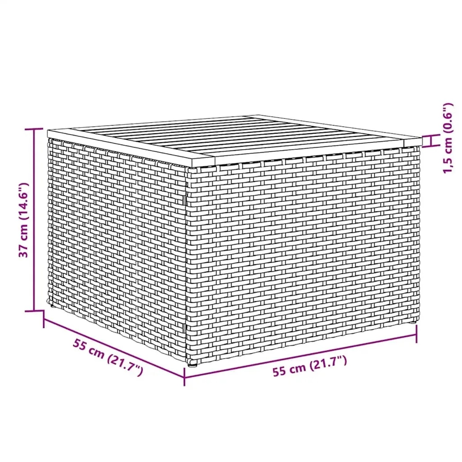 Skizze eines schwarzen vidaXL Gartenmöbel-Tisches aus Rattan mit Maßangaben.