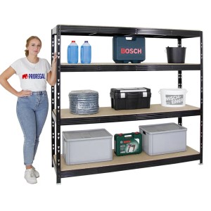 Schwarzes PROREGAL Schwerlastregal mit 4 Spanplatten-Ebenen, beladen mit Werkzeug und Behältern.