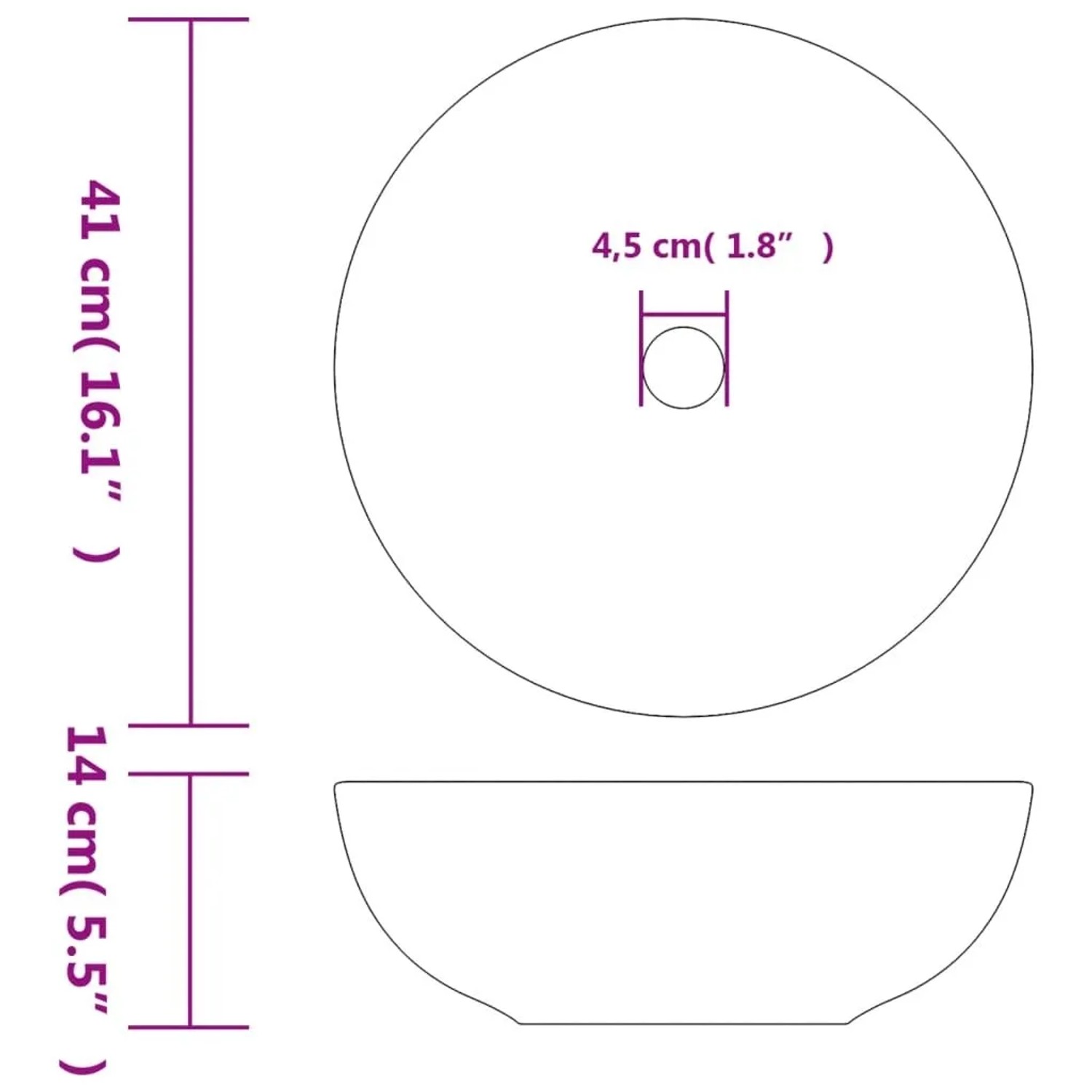 Skizze Aufsatzwaschbecken, rund, Ø41cm, mehrfarbig, aus Keramik, mit Maßangaben.