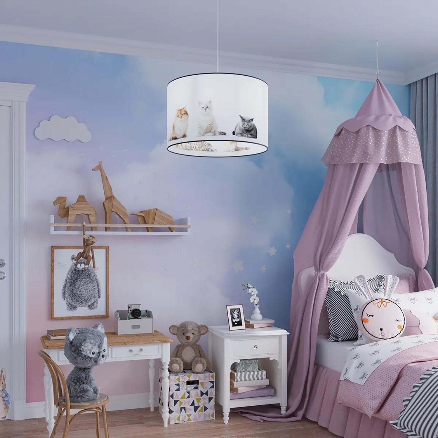 Sollux Lighting Hängeleuchte Kitty 30 mit Katzenmotiven im Kinderzimmer.
