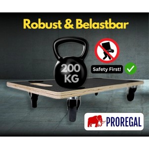 Schwarzer PROREGAL Transportroller mit Siebdruck Holzplatte und 4 Rollen, demonstriert 200 kg Traglast.