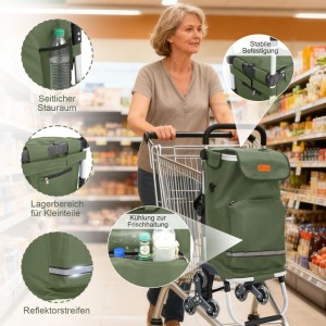 Grüner Sekey 3-in-1 Einkaufstrolley mit Treppensteiger-Rädern und Kühlfach, an Einkaufswagen befestigt. Frau schiebt ihn im Supermarkt.