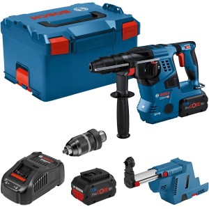 Bosch Professional Akku-Bohrhammer GBH 18V-28 CF Set mit L-Boxx, Akkus, Ladegerät und Staubabsaugung.