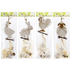 Osteranhänger aus Holz, 4-fach sortiert: Gans, Hase, Huhn, Schaf in Natur- und Beigetönen, 70 cm.