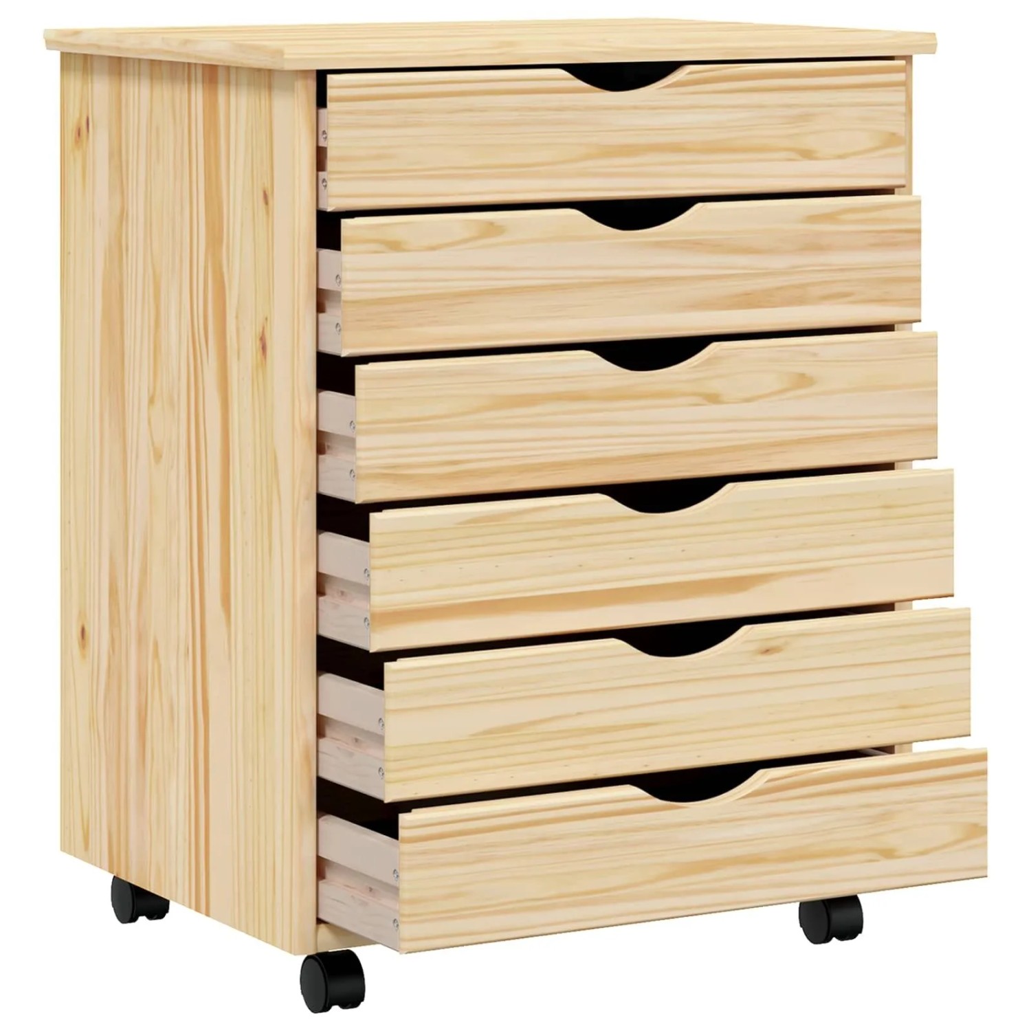 vidaXL Rollcontainer mit 6 Schubladen, Kiefer Klarlack, 53x39x65,5 cm.
