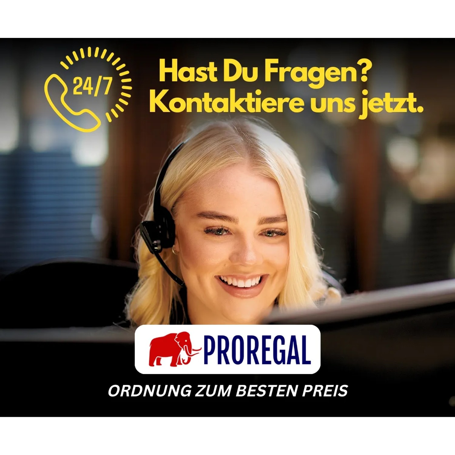 Frau mit Headset wirbt für PROREGAL Transporthilfen: Kontaktieren Sie uns jetzt!