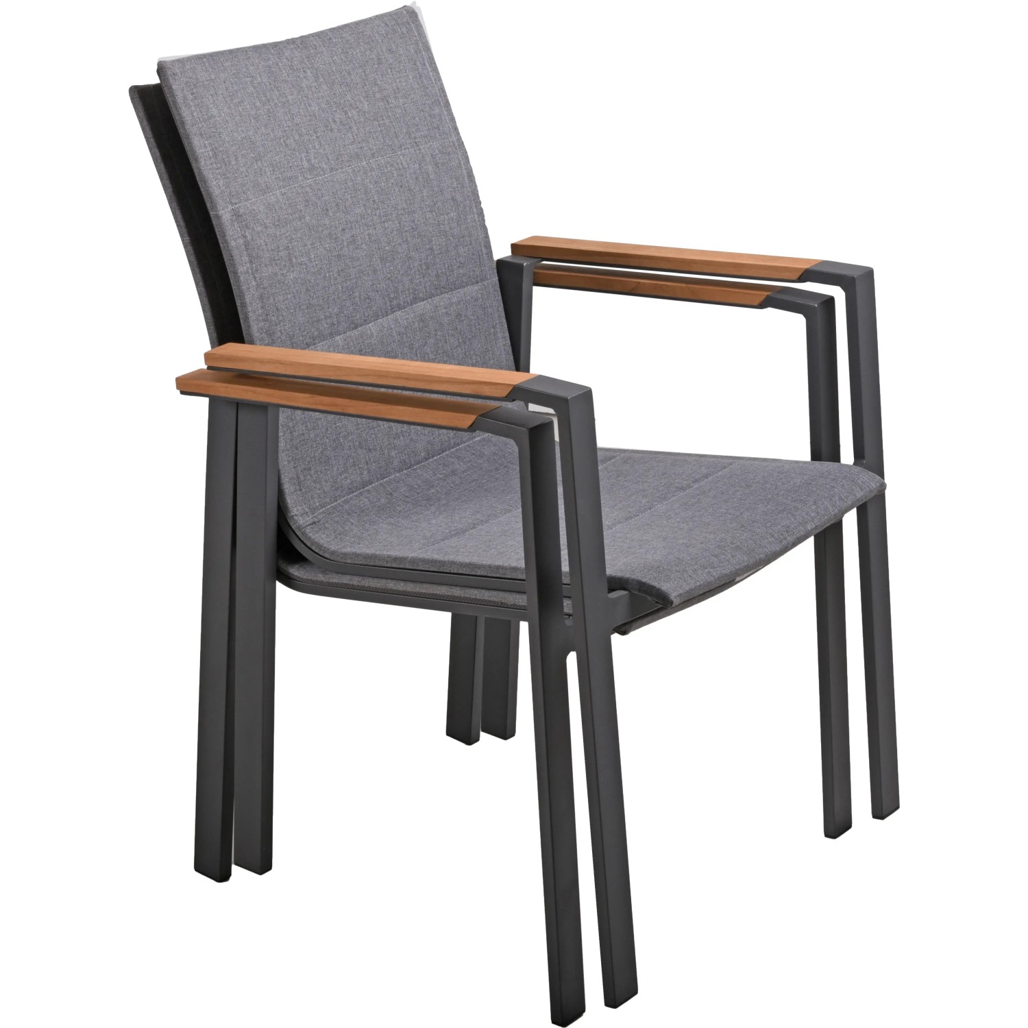 2er-Set Garden Pleasure Stapelstühle Davina, anthrazit, mit Teakholz-Armlehnen.