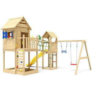 Jungle Gym Spielturm Retreat mit Doppelschaukel, gelber Rutsche und Fensterläden aus Holz.