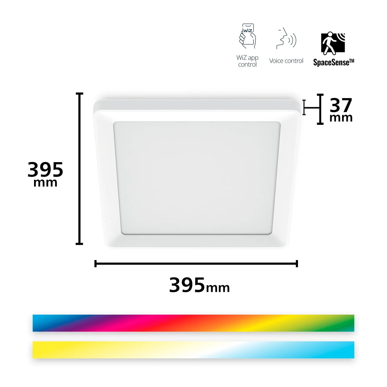 Weiße WiZ Deckenleuchte Panel Smart Eckig mit Maßangaben.