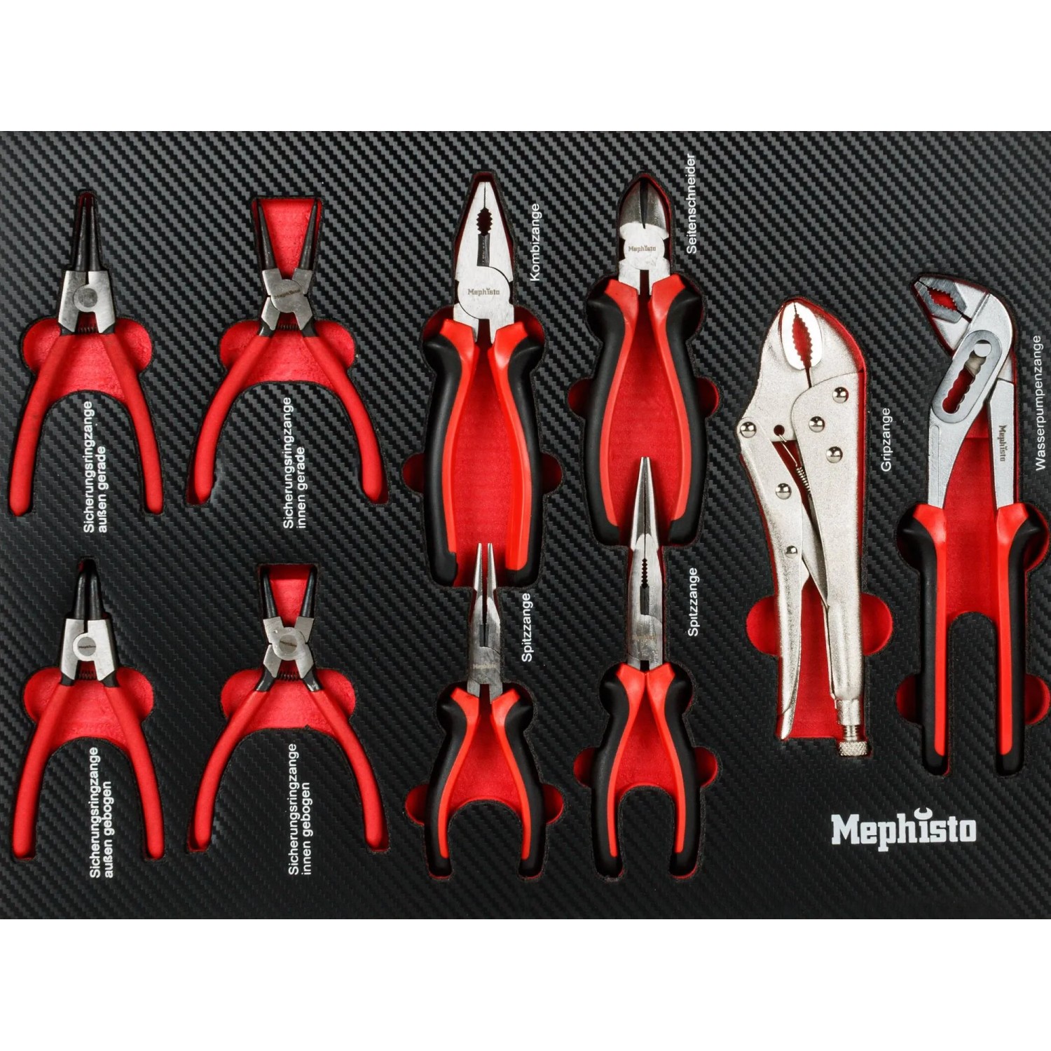 Mephisto Werkzeugwagen: Zangen-Set (9-teilig) mit Spitzzange, Kombizange, Wasserpumpenzange, Gripzange und Sprengringzangen.