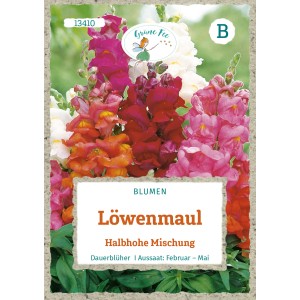 Saatgutpackung Grüne Fee Löwenmaul, halbhohe Mischung mit Blüten in Gelb, Rosa, Rot und Weiß.