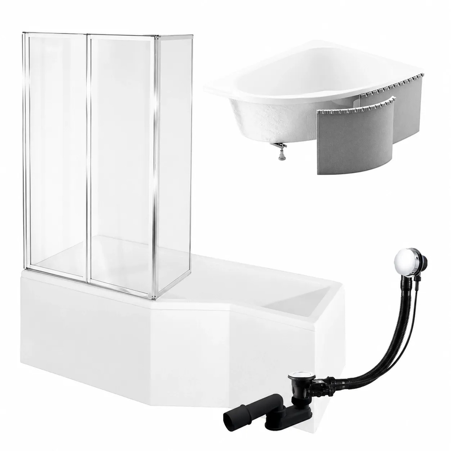 KOLMAN Badewanne Eckwanne 170 x 75 Cm Links Mit Styroporverkleidung Und Glasabtrennung 3-Teilig Inkl. Ablauf Und Füße
