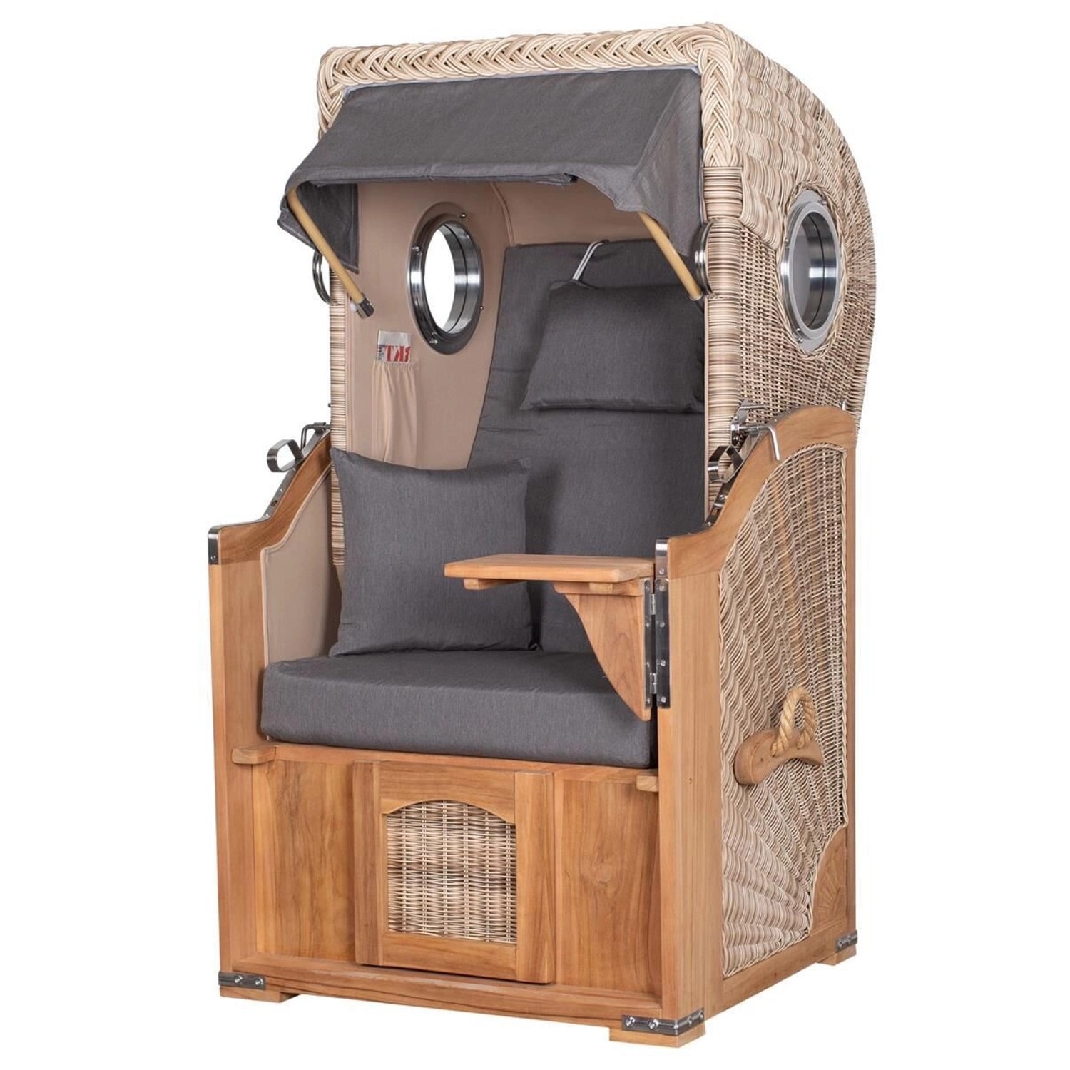 Strandkorb Ammersee Single Teak mit Bullauge, Schutzhülle und Doppelrollen.