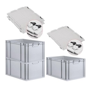 PROREGAL SuperSparSet: 3 graue Euroboxen mit Deckel und schwarzen Schiebeverschlüssen.