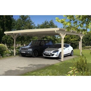 Skan Holz Doppelcarport Odenwald mit zwei geparkten Autos unter dem Carport.