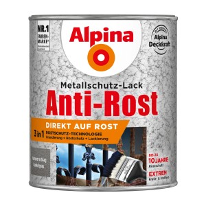 Dunkelgraue Alpina Metallschutz-Lack Dose mit Hammerschlag-Effekt, Anti-Rost Formel.