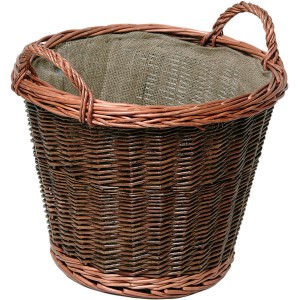 Brauner Weidenkorb mit Jute-Einlage und zwei Henkeln für Kaminholz & Zubehör.