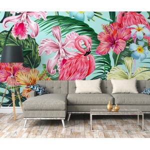 Fototapete mit Flamingo, Blättern und Blumen in Türkis und Rosa, 3,50x2,55m.