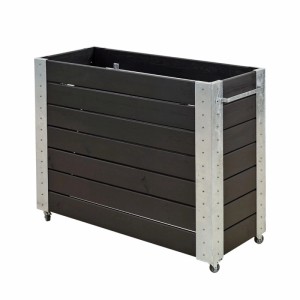 Schwarzer Pflanzkasten mit Holzlatten, silbernen Metallstreben und Rollen. Großer Blumenkasten für Terrasse & Garten.