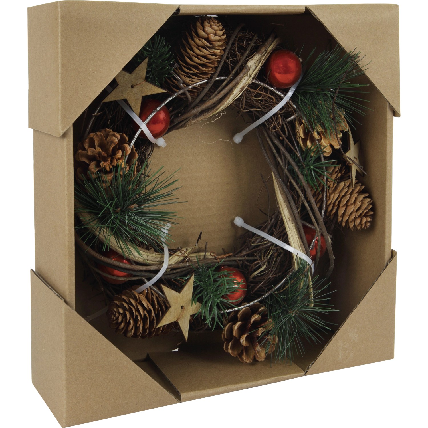 Mehrfarbiger Deko-Kranz (Ø 25cm) mit Tannenzapfen, Sternen und roten Kugeln im Karton.