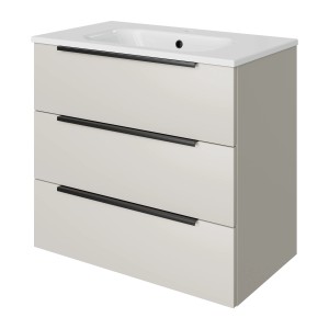 Pelipal Badmöbel-Set Quantum 07, Kaschmir Matt, 81 cm mit 3 Auszügen und weißem Waschbecken.
