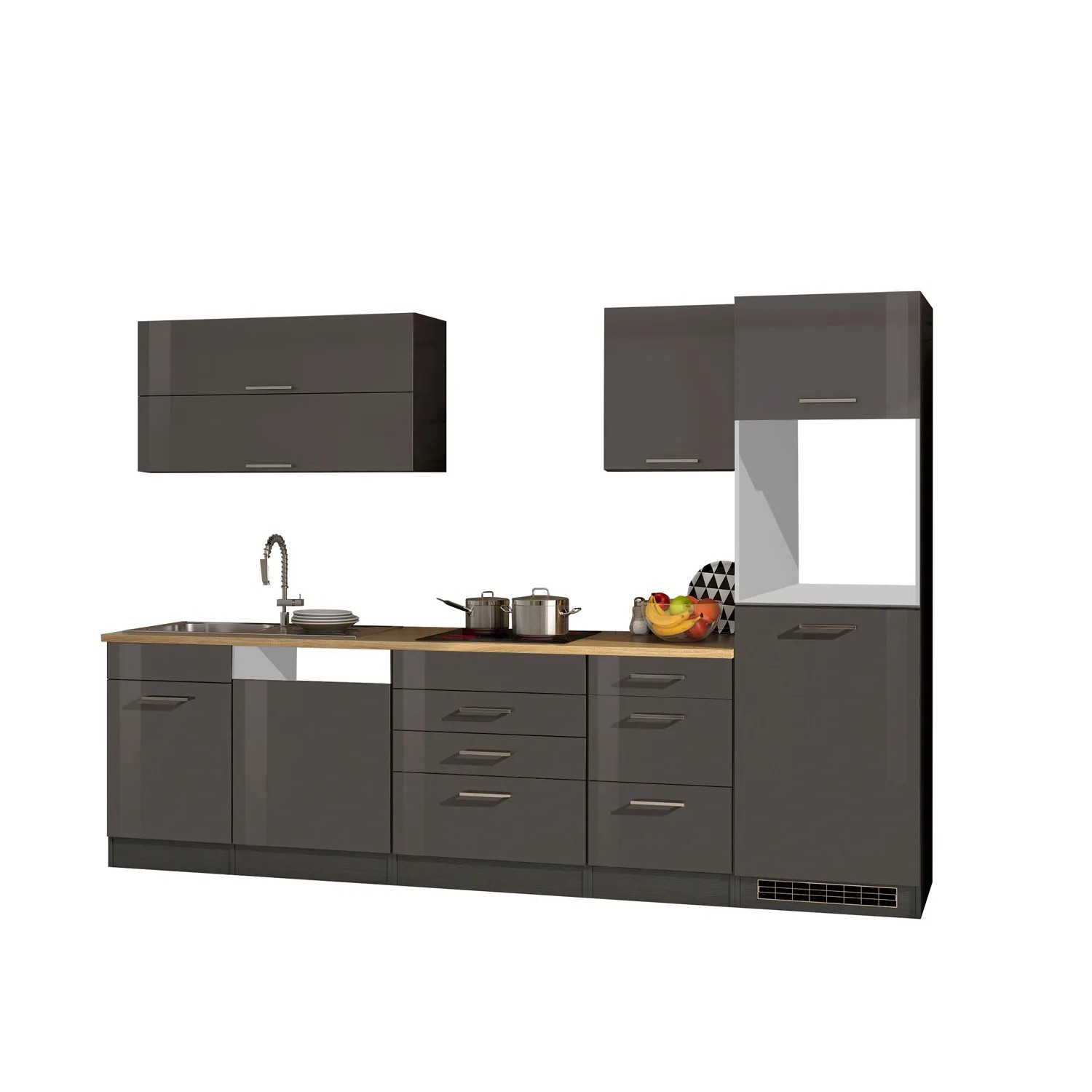 Moderne Küchenzeile Mailand, 300 cm, Grau Hochglanz/Matt, ohne E-Geräte.