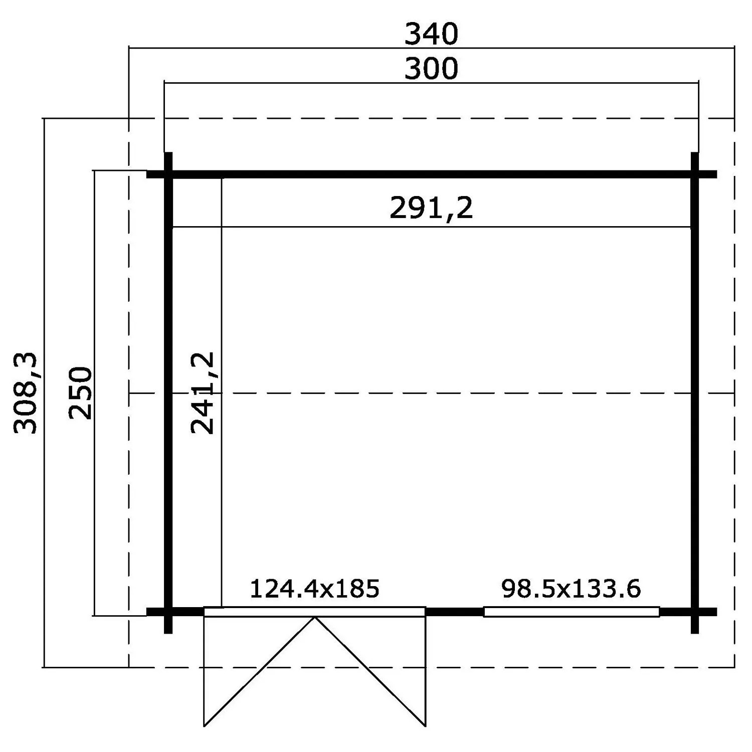 Grundriss Gartenhaus Alex, Schwedenrot, 300x250 cm, mit Maßangaben für Wände, Tür und Fenster.