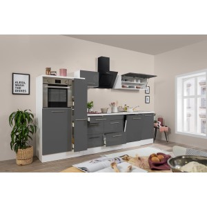 Moderne Respekta Küchenzeile 310 cm in Grau Hochglanz und Weiß mit E-Geräten.