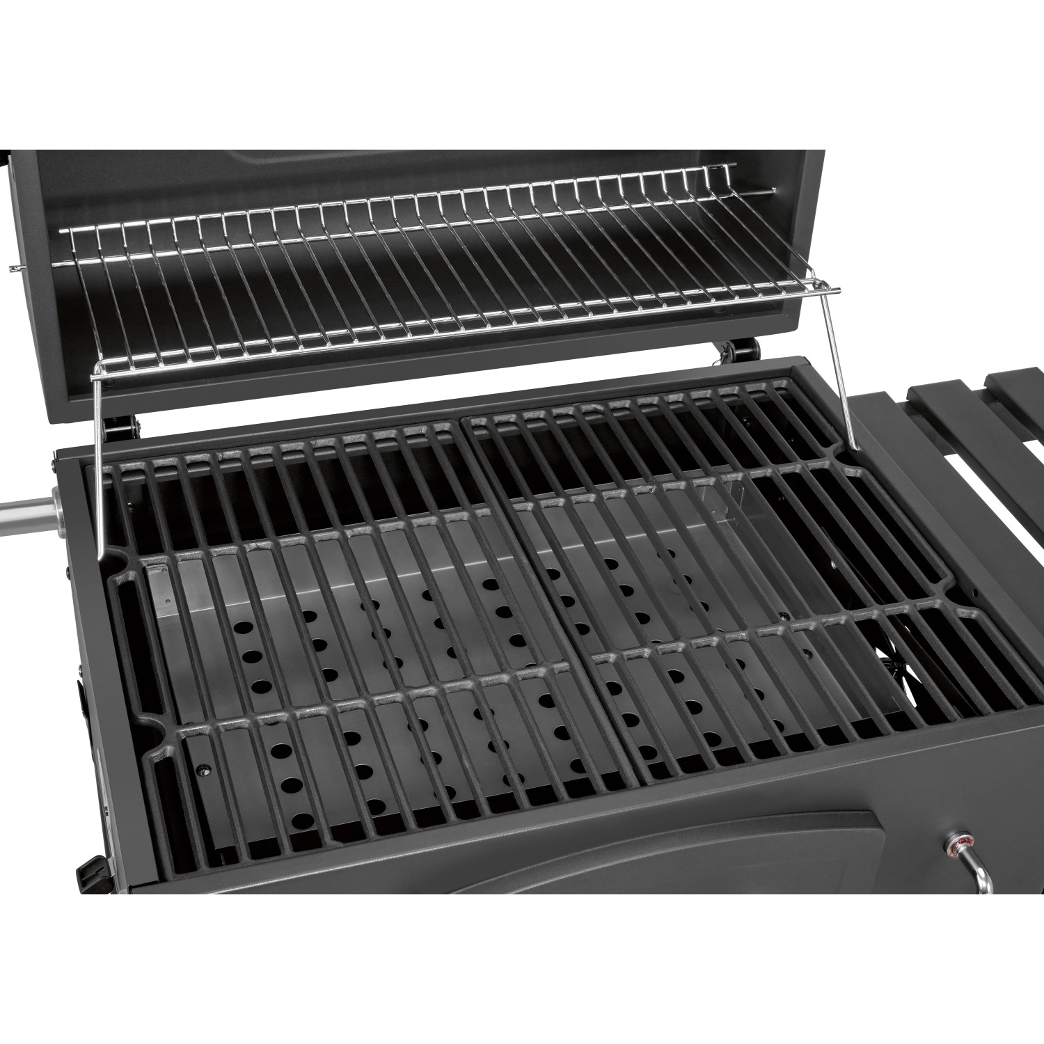 Detailaufnahme: Jamestown Holzkohlegrillwagen Jaxon mit Grillrost und Warmhalterost.