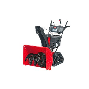 MTD Optima ME 66 T Benzin-Schneefräse mit Raupenantrieb und rotem Fräswerk.