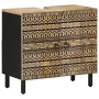 Waschbeckenunterschrank aus Mangoholz mit schwarzen geometrischen Mustern auf 2 Türen, schwarzen Seiten und Beinen. Retro Badmöbel.