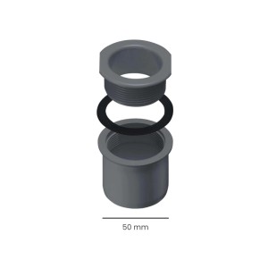 Inefa Ablaufstutzen Kastenrinne PVC DN 50/NW 68, Anthrazit. Zerlegte Ansicht des Schraubstutzens mit Dichtring für Regenwasserablauf.