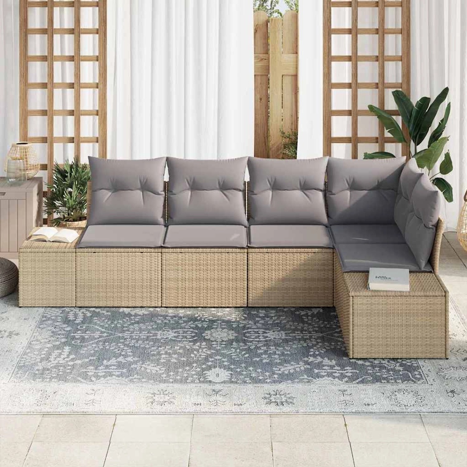 Beiges 5-teiliges Garten-Sofa-Set aus Poly Rattan von vidaXL. Modulares Lounge-Set mit grauen Kissen für Terrasse und Garten.