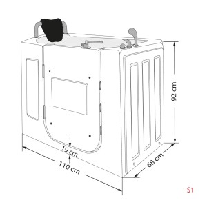 Skizze einer AquaVapore Sitzbadewanne mit Tür, 110x68cm, mit Maßangaben.