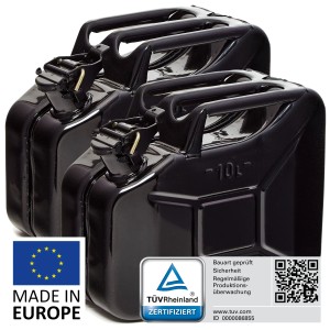 Zwei schwarze 10L Metall Kraftstoffkanister, TÜV-geprüft, für Benzin, Diesel und E10.