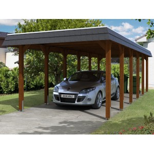 Skan Holz Carport Spreewald, Nussbaum, mit Auto. Einzelcarport mit Aluminiumdach und schwarzer Blende.