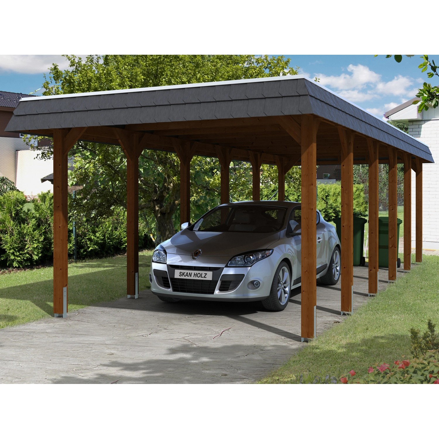 Skan Holz Carport Spreewald 345 cm x 893 cm schwarze Blende Nussbaum günstig online kaufen