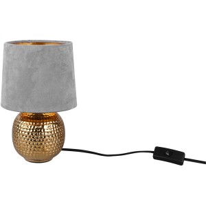 Reality Tischleuchte Sophia: Goldene Keramikbasis mit grauem Samtschirm. Design-Tischlampe für Wohn- und Schlafbereich.
