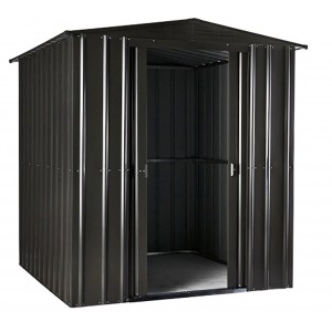 Globel Metall-Gerätehaus Gartenmanager Dream 65 in Anthrazit, Gerätehaus mit offenstehender Tür.