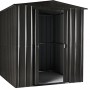 Globel Metall-Gerätehaus Gartenmanager Dream 65 in Anthrazit, Gerätehaus mit offenstehender Tür.