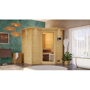 Woodfeeling Sauna Steena 1 mit Ofen, externer Steuerung und Glastür. Massivholzsauna für entspannende Momente.