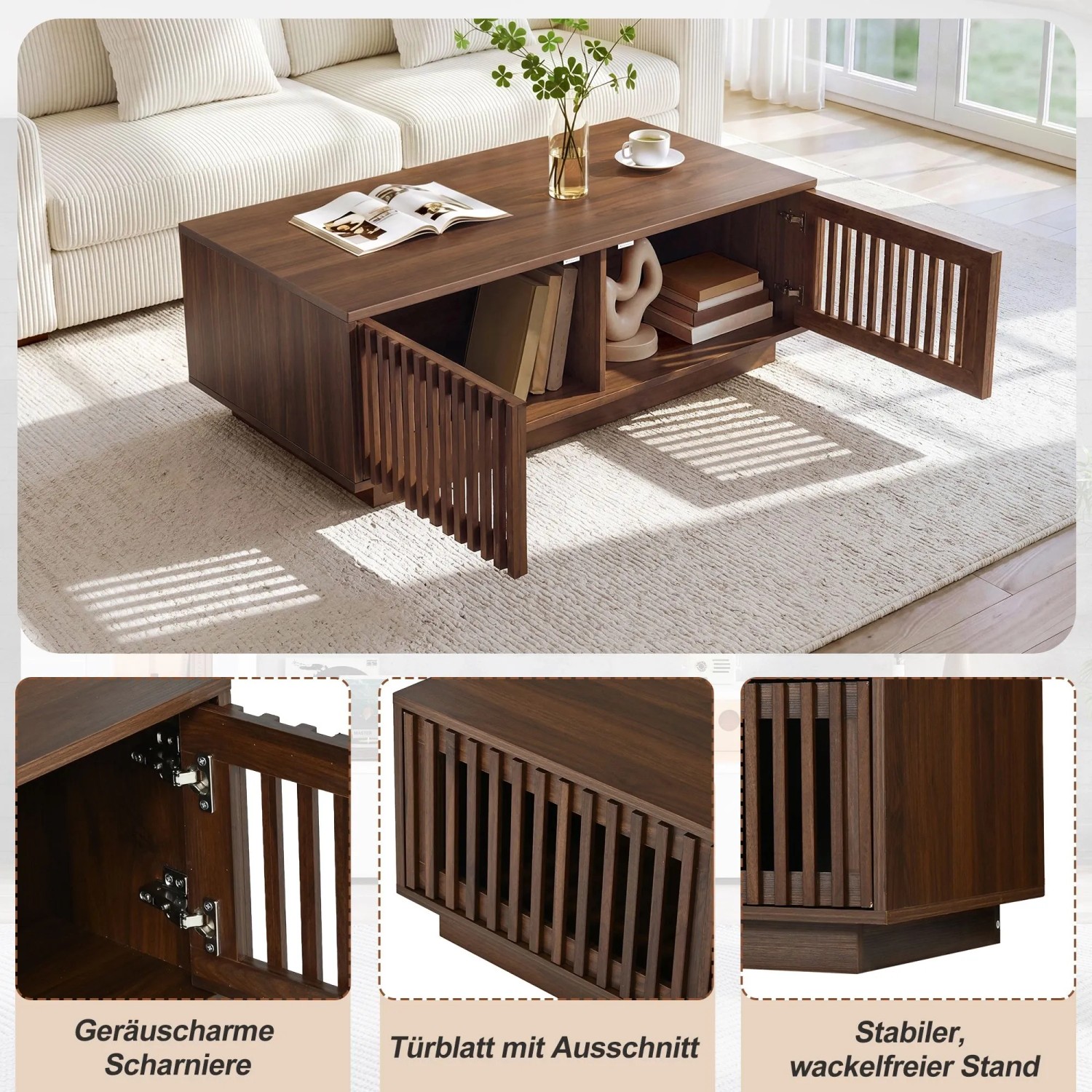 Walnussfarbener Couchtisch 100x50x35cm mit Gittertüren, Stauraum und Ablagefächern im Wohnzimmer.