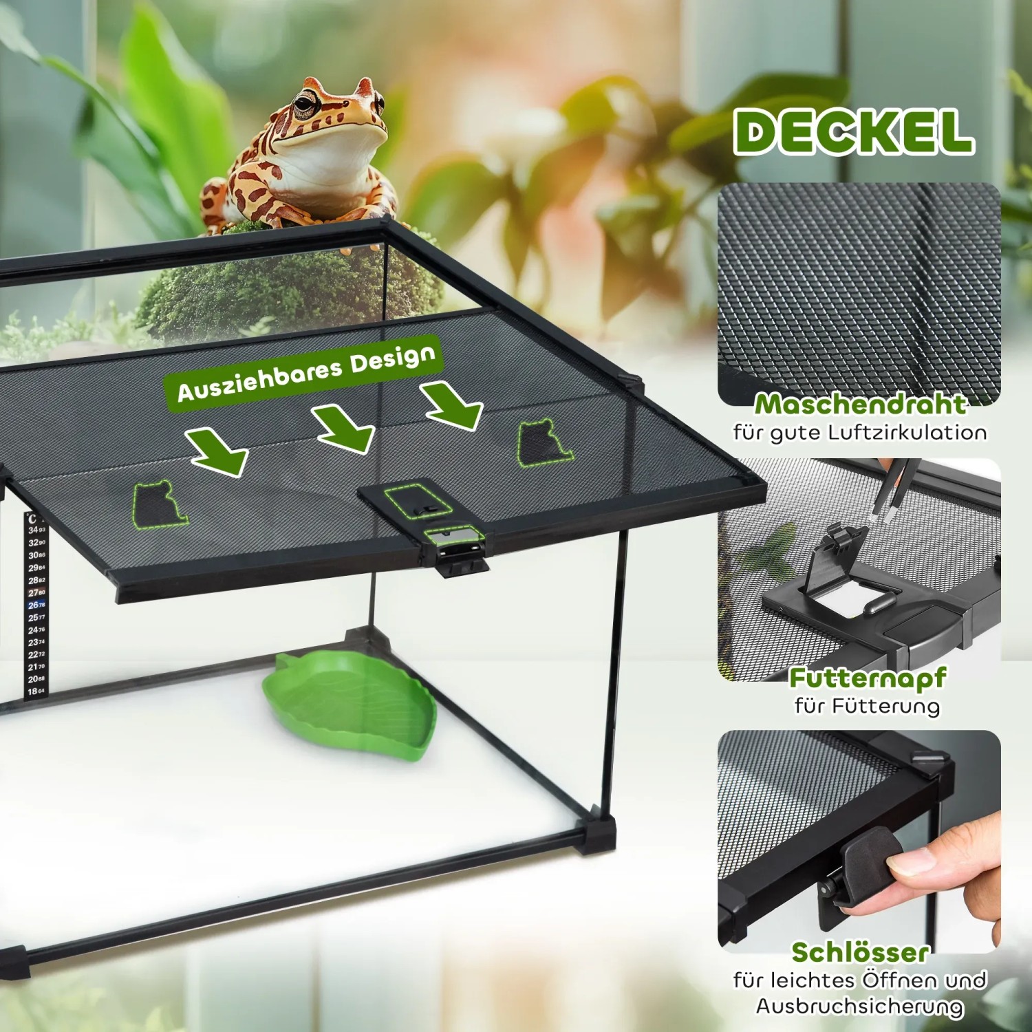 PawHut Terrarium mit Thermometer, 50x30x35cm, Details zu Deckel, Futter und Schloss.