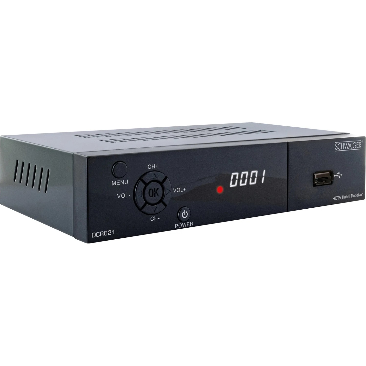 Schwaiger Receiver DVB-C Full HD 1080p FTA, Kabelreceiver in Schwarz mit USB-Anschluss.