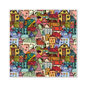 Weiße Magnettafel 50x50 cm mit buntem "Funky Town" Motiv, inklusive 4 Magnete. Wanddekoration.